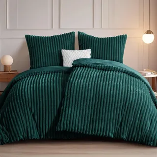RUIKASI Winter Flanell Bettwäsche 135 x 200 4teilig Grün - Plüsch Warme Flauschig Winterbettwäsche Cord Teddy Fleece Cashmere-Touch Bettbezug mit Reißverschluss und 2 Kissenbezug 80x80cm