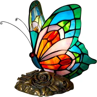 FUMAT Tiffany Tischlampe Nachttischlampe Blau Schmetterling färben Glas Vintage Lampenschirm für Schlafzimmer, Schreibtischlampe für Wohnzimmer Lesen