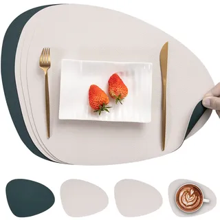 Myir JUN Tischsets abwaschbar doppelseitige Platzdeckchen abwaschbar | 4er Set Platzsets abwaschbar wasserdichte rutschfeste Oval Tischsets aus Kunstleder Untersetzer Teller in Lederoptik