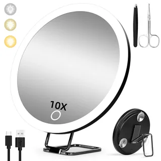 10x Vergrößerungsspiegel mit Licht 10fach, 15cm groß, 3 Farben, dimmbar, beleuchtet, 10x Reisevergrößerungsspiegel mit Saugnäpfen und Tischständer, Makeup-Spiegel Schminkspiegel mit hoher Vergrößerung