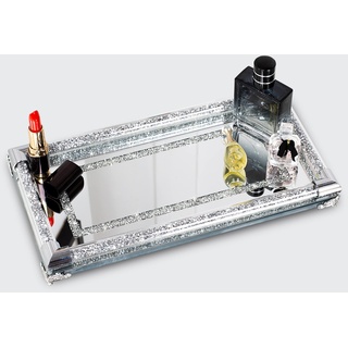 SHYFOY Verspiegeltes Tablett Crystal Make-Up Organizer Silber Glas Parfüm Tablett für Schminktisch Deko Make-up-Tablett,32x17x4cm