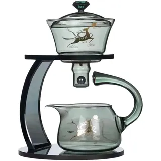 Fire Kirin, Glas-Teekannen-Set, Halbautomatisches Tropfenrotieren mit Infuser, Chinesisches hitzebeständiges Lazy Kungfu Teeset, (Grauer Hirsch, Teekanne (nur Teekanne))