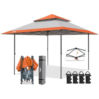 EAGLE PEAK Schräge Beine Faltbar Pavillon 4x4m Wasserdicht Camping Pop-up Faltpavillon mit Seitenteil, inkl. Rucksack, Orange