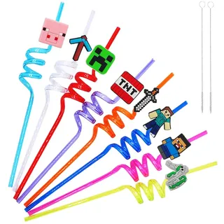 Strohhalm Kinder, 8 Stück Strohhalme Kindergeburtstag, Farbige Trinkhalme Plastik, Plastikstrohhalme mit Strohbürste als Partyzubehör für Geburtstag Kinder (Meine Welt)