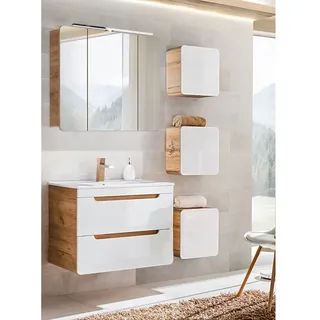 Badmöbel Set in Hochglanz weiß mit Wotan Eiche Nb. LUTON-56 mit LED-Spiegelschrank, B/H/T ca. 130/200/46 cm - Weiß