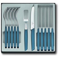 Bild Swiss Modern Besteck-Set für 6 Personen, 12-teilig, inkl. scharfe Messer mit Wellenschliff, Kunststoffgriffe, Kornblumen-Blau