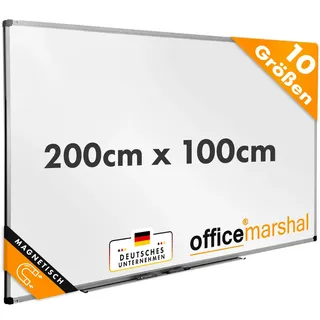OfficeMarshal Magnetisches Whiteboard 200x100cm mit Alurahmen und abnehmbare Stiftablage für Büro, Heim und Schule, Magnettafel kratzfest und trocken abwischbar | Magnetboard