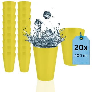 S&S-Shop 20 Hartplastik Trinkbecher 400ml, Gelb, umweltschonende Mehrwegbecher, Cocktailgläser, Camping, Kindergeschirr, JGA, Beerpongbecher, Stapelbecher, Partybecher, Kunststoffbecher