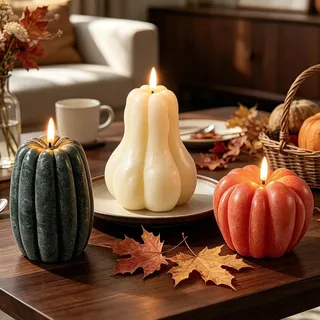 Lanpn 3 Stk Kürbis Flammenlose Kerze, Herbst LED Kürbiskerze mit Fernbedienung, Echte Wachskerzen, 3D Flackerflamme Kürbis Kerzen, Herbst Halloween Landhaus Zuhause Tisch Dekoration Geschenk