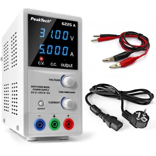 Peaktech 6225 A Labornetzgerät DC mit 4-stelliger LED-Anzeige, Stabilisiertes Schaltnetzteil, Strommessgerät, Überlast- & Kurzschlussfest,
