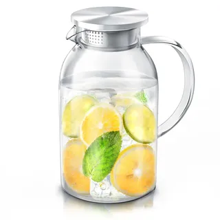 Arendo - 2.3L Glaskaraffe mit Deckel aus Edelstahl – Karaffe aus Glas - hitzebeständig bis +150°C – 2 Liter – Wasserkaraffe Hitze- und kältebeständig