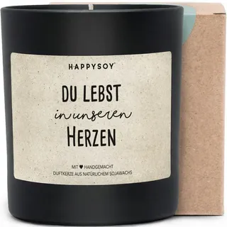 Du lebst in unseren Herzen - Duftkerze mit Spruch als Trostgeschenk, liebevolle Erinnerung, Trauerkerze im Glas, blumiger Duft, besondere Aufmerksamkeit