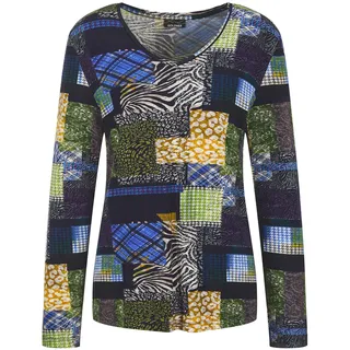 Langarmshirt GOLDNER "Kurzgröße Langarm Viskose-Shirt mit V-Ausschnitt", Damen, Gr. 23, blau (marine, gemustert), Obermaterial: 95% Viskose CV. 5% Elasthan EL., Modisch, figurumspielend, V-Ausschnitt, Shirts Langarmshirt, Patch-Print