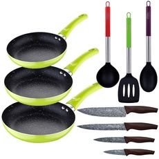 San Ignacio 3-teiliges Pfannen-Set (20 + 24 + 28 cm) grün gepresstes Aluminium mit 3 Stück Küchenutensilien Nylon mit 4 Messern Edelstahl