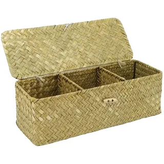 32.5x12x11cm Natürliches Aufbewahrungskorb, Seegras Korb Aufbewahrung, Geflochtene Rechteckig Korb, Rattan Korb mit Deckel 3 Fächern, Körbchen Aufbewahrung für Schlafzimmer Badezimmer (Originalfarbe)