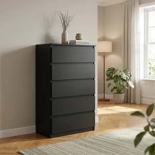 Masseno Kommode NUDO 70 cm Sideboard mit 5 Schubladen und Türen für Wohnzimmer Schlafzimmer Modern 70x39x124,5 cm Schwarz / Schwarz - Schwarz