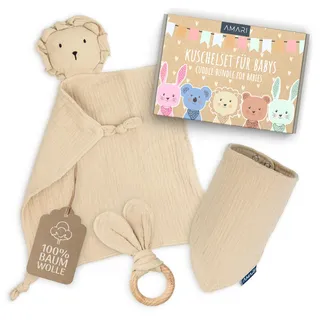 Amari ® Schmusetuch (Beige Löwe) mit Beißring und Lätzchen, Geburt für Junge und Mädchen - Baby Geschenk Neugeborene - Schnuffeltuch Babygeschenke Set zur Babyparty