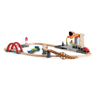 HaPe Bahn- und Seefracht Set - Eisenbahn für Kinder, Holz-Frachtzug und Frachtschiff mit Kran, 2-in-1 Eisenbahn- und Hafen-Spielset, ab 3 Jahren