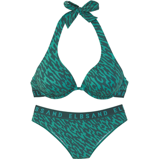 Bügel-Bikini ELBSAND, Damen, Gr. 36, Cup D, grün (petrol bedruckt), Recycling-Polyamid, Bikini-Sets Bügel-Bikini, mit Markenschriftzug