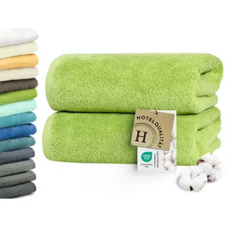 ZOLLNER 2er Set Badetücher in 100x150 cm - besonders weiche und saugstarke Saunatücher in grün - mit praktischem Aufhänger - waschbar bis 95°C - Baumwolle - Hotelqualität