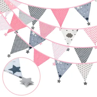 G2PLUS Wimpelkette mit Sternen Stoff: 4M Rosa und Grau Wimpel mit 12 STK Wimpeln, Girlande im Süß und niedlich Stil für Kinderzimmer, Parteien, Geburtstagsfeie