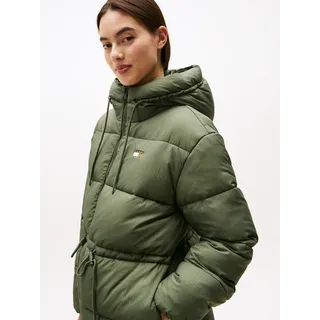 Steppjacke TOMMY JEANS "TJW HOODED MIDI PUFFER JACKET", Damen, Gr. XS (34), grün (pewter grün), Web, Obermaterial: 100% Nylon, unifarben, regular fit wadenlang, Jacken Steppjacke