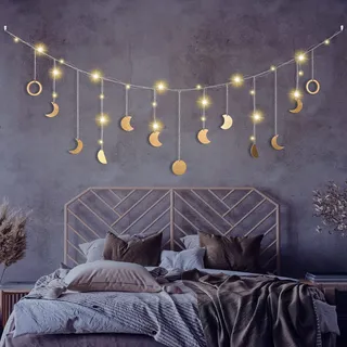 Mondphasen Girlande, Wanddeko Boho, Mond Girlande Aesthetic Room Wandbehang Decor Wohnzimmer, Schlafzimmer, Boho Deko Girlande Gold 144cm 13 Monde, mit LED Lichterkette, Thanksgiving-Geschenke