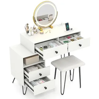 COSTWAY Schminktisch Set mit Hocker, Kosmetiktisch Frisiertisch mit Beleuchtung, Steckdose, drehbarem Spiegel, 4 Schubladen & offenem Fach 98x40x120cm - Weiß, Schwarz