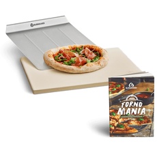 Bild Pizzastein und Pizzaschaufel für Backofen, Gasgrill & Holzkohlegrill aus Cordierit und Edelstahl für Brot, Flammkuchen & Pizza, rechteckig - 38 x 30 x 1,5 cm