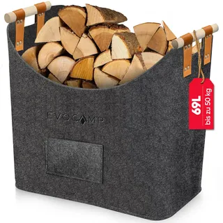 EVOCAMP Filzkorb XXL - 69L, Filztasche groß, mit Holzgriffen, Körbe Aufbewahrung, Holzkorb für Kaminholz, Kaminholzkorb, Kaminholztasche, Brennholzkorb, Zeitungskorb aus Filz (44x44x30 cm), grau