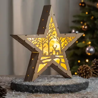 Spetebo LED Weihnachts Stern aus Holz 30 cm - Motiv: Wald - Deko Aufsteller warm weiß beleuchtet - Weihnachten Advent Winter Stern Tisch Deko Beleuchtung Batterie betrieben