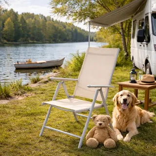 Garten Klappstuhl Gartenstuhl Hochlehner Alu Textilen Silbergrau/Beige - Beige