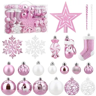 SOLEDI® 128er Set Premium Weihnachtskugeln Kunststoff Rosa Weiß mit Baumspitze Stern - Robuste und Sichere Christbaumschmuck Set mit Aufhängen - Christbaumkugeln Bunt, Mehrweg Weihnachtsdeko