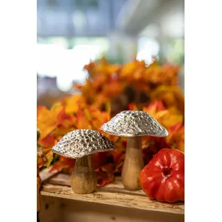 Mango-Holz und Metall Figur Pilz braun Silber 2er Set - 11 und 15cm Dekofigur Wald-Deko Tisch Dekoration