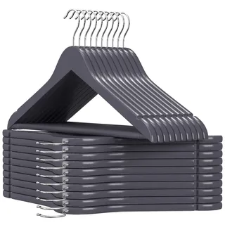 SONGMICS Kleiderbügel Holz, 20er Set, Bügel aus Massivholz, Einkerbungen im Schulterbereich, Rutschfester Hosensteg, um 360° drehbarer Haken, für Anzüge, Hemden, grau-silbern CRW001G01