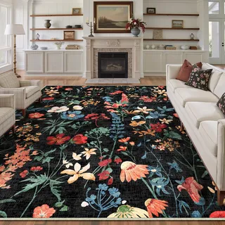 HUGEAR Schwarz Waschbarer Teppich Blumenmuster 200x300cm Blumen Boho Neutral Modern Rugs for Living Room Weich rutschfest Groß Tepich Kurzflor Schlafzimmer Carpet Esszimmer Bedroom Teppiche Büro
