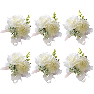 Handgelenk Blumen für Hochzeit,6 Stück Handgelenk Corsage Armband Blumenarmband Armreif Blumenschmuck für Hochzeit,Festival,Strand Party,Abschlussball Zubehör für Braut Brautjungfer,Weiß