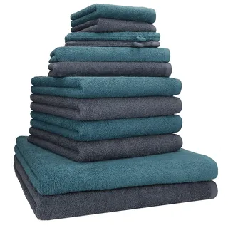 Betz Berlin Handtuch-Set 12-teilig – 100% Baumwolle – Oeko-TEX® Zertifiziert – 360g / m2 Grammatur – Duschtücher, Handtücher, Gästetücher & Waschhandschuhe Farbe dunkelgrau - taubenblau