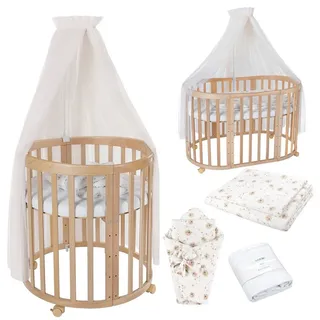 Waldin Babybett OWAL Kinderbett mit Matratze, mitwachsendes Kinder-Bett,Stoffe Champagner Löwenzahn,Holz natur - Naturbelassen