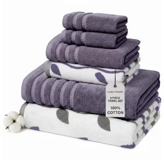 Amrapur Overseas Modern Threads Handtuch-Set, 6-teilig, gefärbt, Bio-Ranken, Jacquard/solide, ultraweich, 500 g/m2, 100% gekämmte Baumwolle, Grau/Lavendel