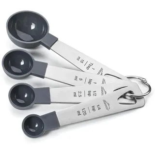 Lacor - 67037 - Set mit 4 Löffeln, Messlöffel für Flüssigkeiten und Lebensmittel, Backwaren, Edelstahl und Polypropylen, stapelbar, Maße in ml, tsp, tbsp, BPA-frei, spülmaschinenfest, Grau