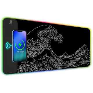 ToLuLu RGB-Gaming-Mauspad, kabellos, 7,5/10/15 W, 10 Lichtmodi, LED-Mauspad, Computertastaturmatte, Mauspad, 800 x 300 x 4 mm, erweiterte große Schreibtischunterlage, japanische Kanagawa Meereswelle