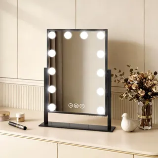 EMKE Hollywood Kosmetikspiegel 85x364x475mm mit 7x Vergrößerungsspiegel, Schwarz Schminkspiegel mit intelligent Touchscreen und 3 Lichtfarben, 12 Dimmer-LED-Leuchten, 360° drehbar und Memory-Funktion - Schwarz