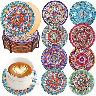 8 Stück Diamond Painting Untersetzer Mit Halter, Diamant Tassenuntersetzer, DIY Mandala Untersetzer rutschfest für Anfänger, Erwachsene & Kinder, Mandala, 10cm, 8