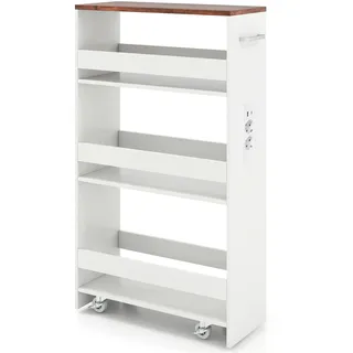 FANTASK 20cm Schmaler Nischenwagen, 4 Etagen Küchen-Servierwagen mit Ladestation, Rollendes Holzregal mit Griff & Geländer, Badregal für Küche & Badezimmer (Weiß)