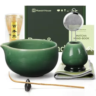 Maestri House Matcha Besen Set Geschenkset 7-Teilig in Smaragdgrün | Japanisches Matcha Zubehör Set mit Ausgießer-Schale, Bambus Chasen & Halter, Hochwertige Geschenkidee für Matcha Liebhaber