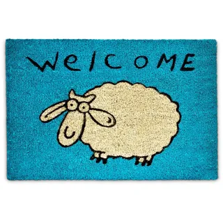 Relaxdays Fußmatte Kokos Schaf 40 x 60 cm Kokosmatte mit Rutschfester PVC Unterlage Fußabtreter aus Kokosfaser als Schmutzfangmatte und Sauberlaufmatte Fußabstreifer für Außen und Innen Matte, blau