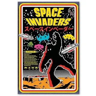 Close Up Space Invaders Poster – Retro Arcade Art 61 × 91,5 cm – Pixel-Aliens, Japan-Schrift & 80s Vibes für Gaming-Räume