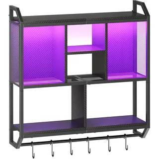 HOOBRO Wandregal mit LED-Beleuchtung, Schweberegal, Wandboard mit 4-stufiger vertikaler Aufbewahrung, Gaming schwebendes Regal mit 6 Haken, für Spielzimmer, Küche, Café, Bistro EBB70DBJ01