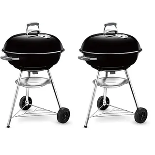 Weber Compact Kettle Holzkohlegrill, Ø 57cm Grillfäche, BBQ Grill mit porzellanemaillierten Deckel & Kessel, Dreibein-Ständer & Räder, verchromter Grillrost - Schwarz (1321004) (Packung mit 2)